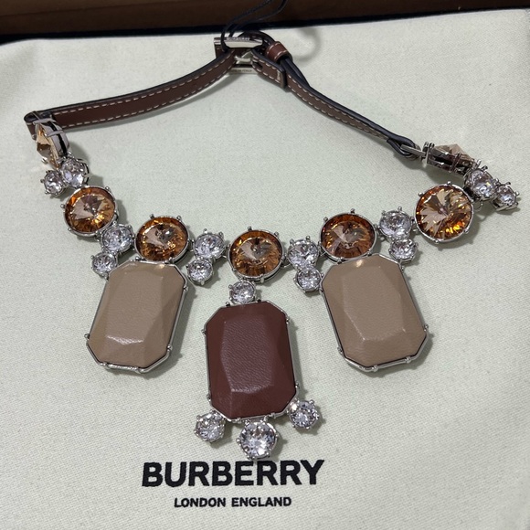 Burberry Necklace Silvertone, Crystal & Leather Statement Brown - Picture 2 of 9